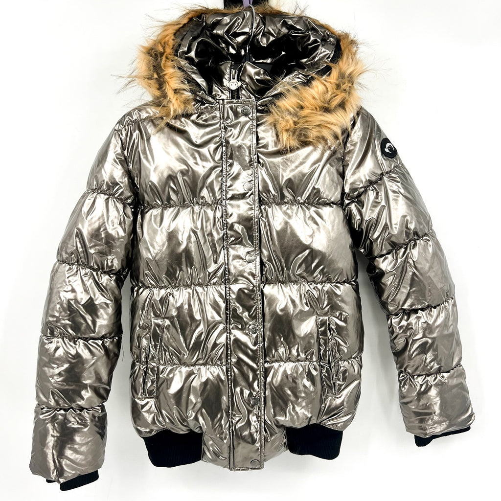 APPAMAN Girls Kyla Puffer Coat Size 14 Silver Lustrous Metallic Faux Fur NWT
