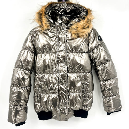 APPAMAN Girls Kyla Puffer Coat Size 14 Silver Lustrous Metallic Faux Fur NWT