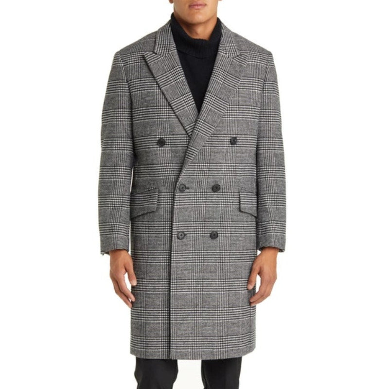 NORDSTROM Men's Glen Wool Blend Topcoat XL Black White Plaid XL NWT
