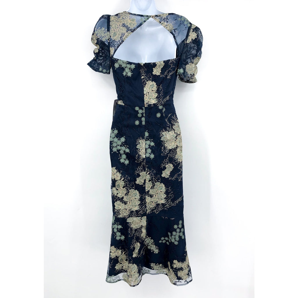 JS COLLECTION Women's Hope Flounce Tea Length Dress Size 2 Navy Jade Floral NWT