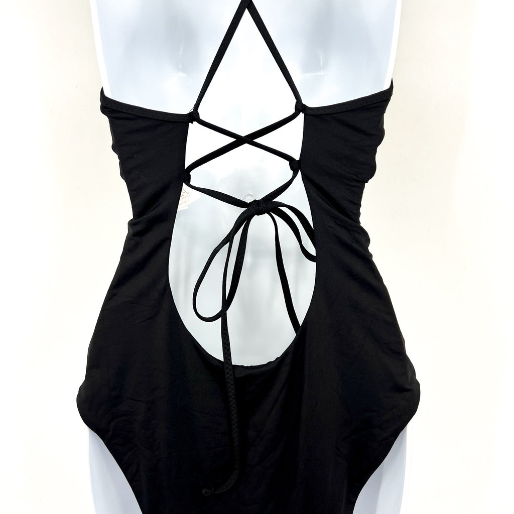 BECCA Colette Clare Plunge One Piece Swimsuit Medium Black Crochet Flower NWT