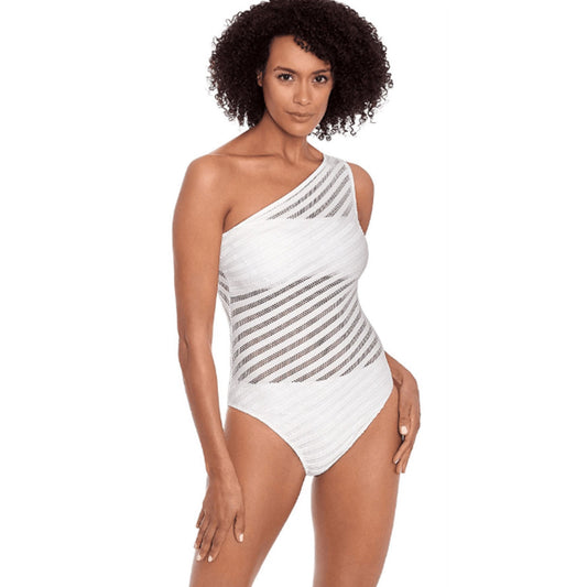 RALPH LAUREN Ottoman Mesh One-Piece Swimsuit Size 12 White One Shoulder NWT