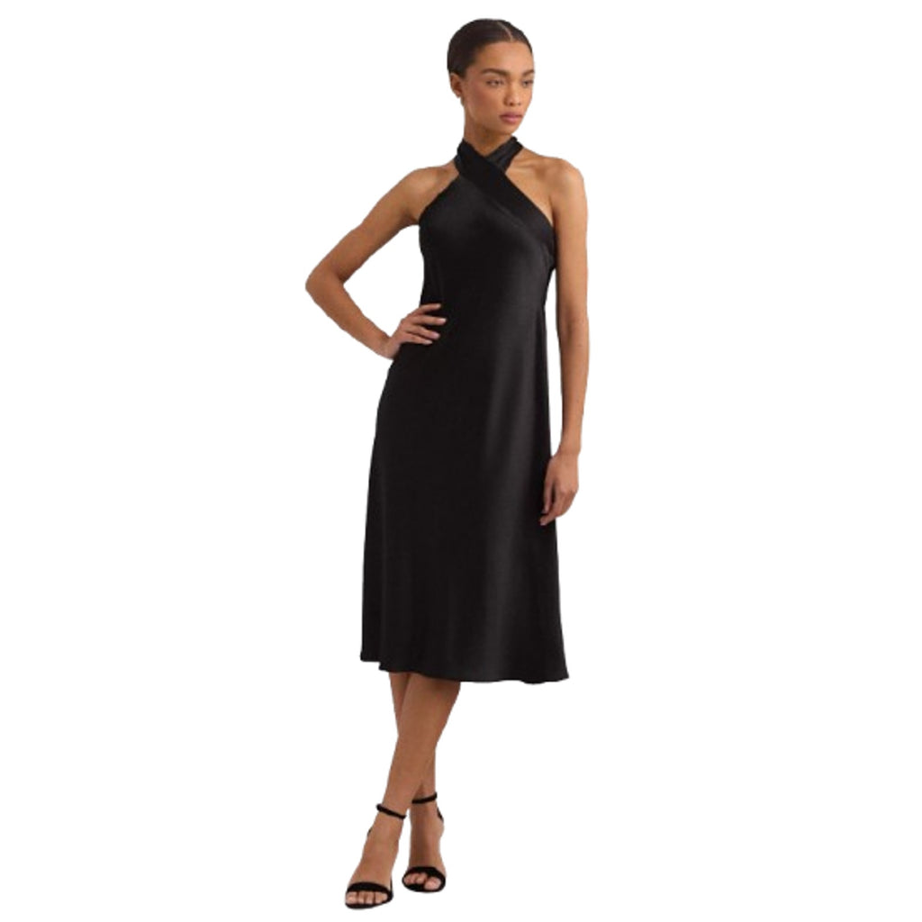 LAUREN RALPH LAUREN Satin Charmeuse Cocktail Dress Size 12 Black Halter NWT