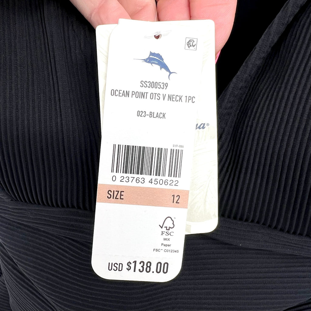 TOMMY BAHAMA Ocean Point One-Piece Swimsuit Size 12 Black Over the Shoulder NWT