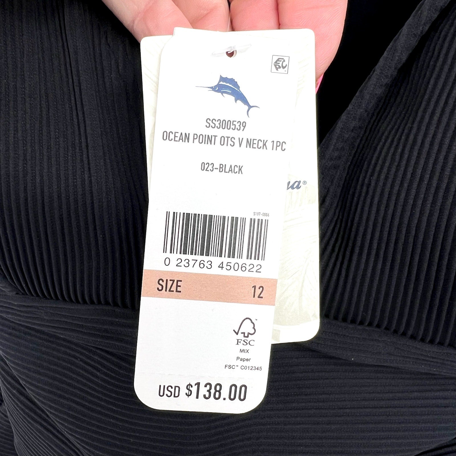 TOMMY BAHAMA Ocean Point One-Piece Swimsuit Size 12 Black Over the Shoulder NWT