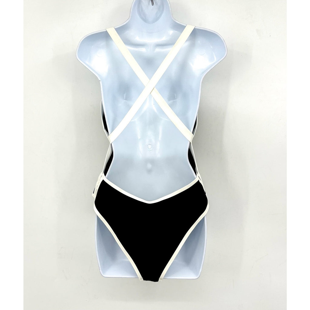 L*SPACE Womens Ribbed Baewatch One Piece Swimsuit Large Black Cream Low Back NWT