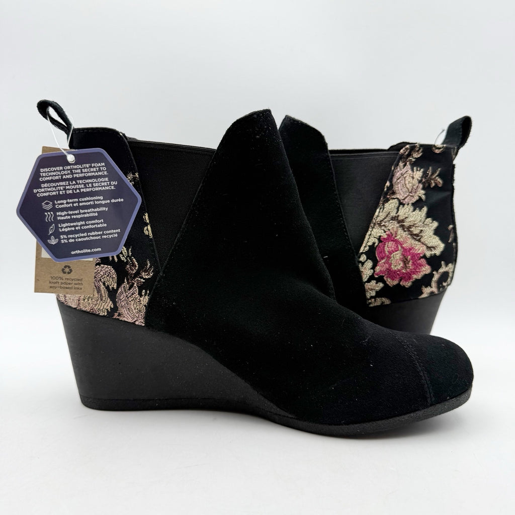TOMS Womens Kelsey Graphic Wedge Booties US 10 Black Floral Suede Ankle NWOB