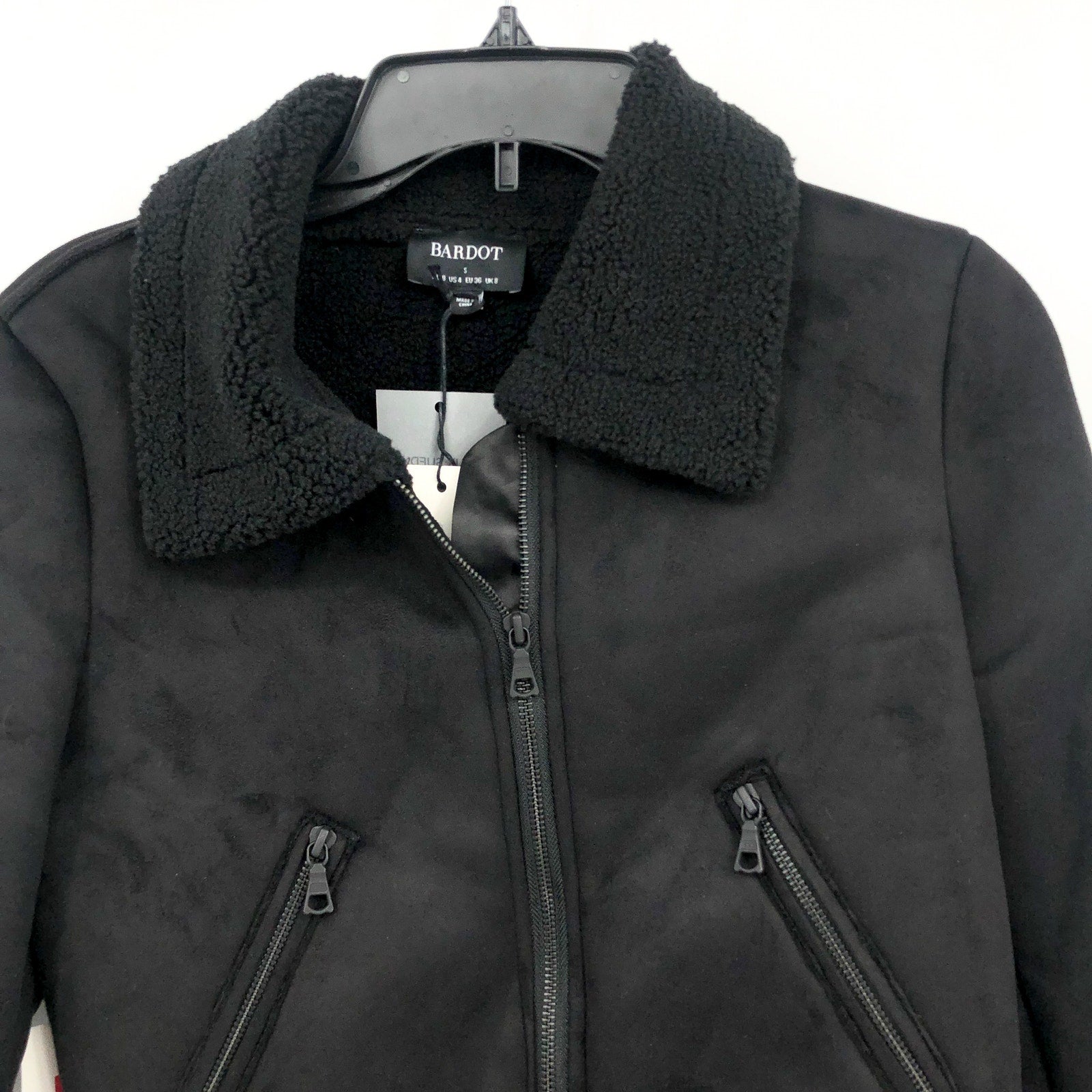 BARDOT Women's Shearling Bomber Jacket Small US 4 Black Faux Suede Cropped NWT