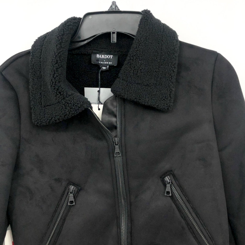 BARDOT Women's Shearling Bomber Jacket Small US 4 Black Faux Suede Cropped NWT