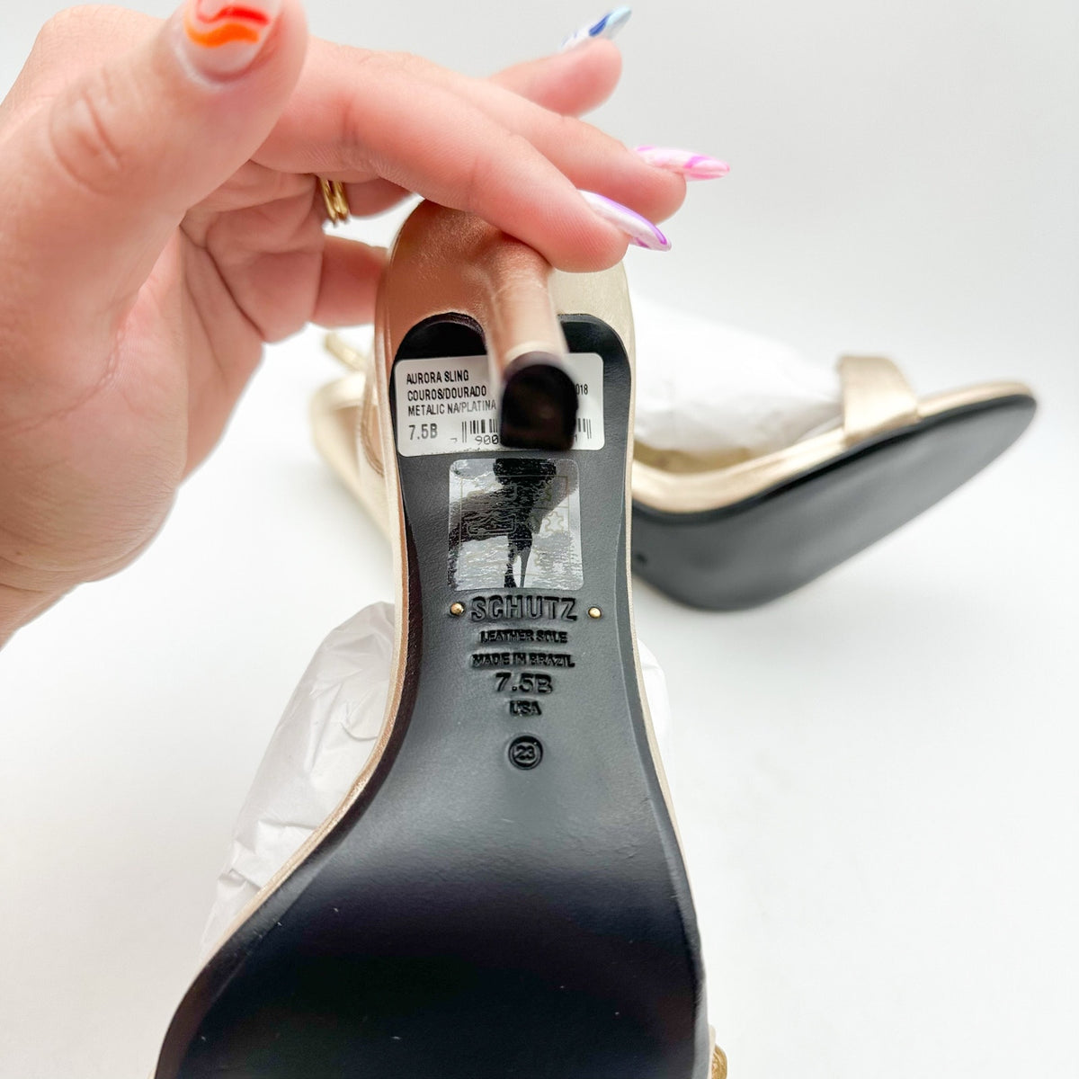 SCHUTZ Womens Aurora Sling Heeled Sandals Size 7.5 Platina Gold Stiletto NWOB