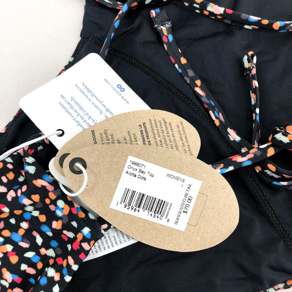 PRANA Women's Onyx Bay Bikini Top Small Black Alotta Dots High Neck NWT