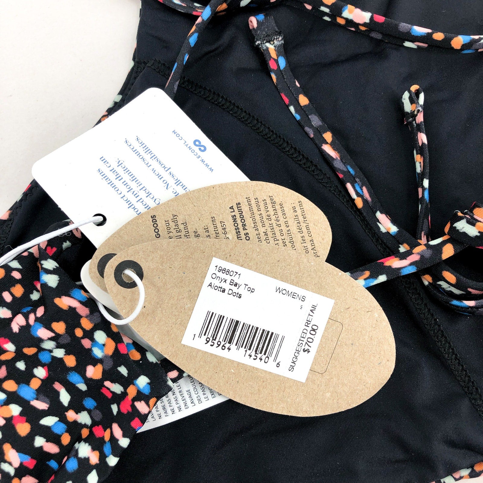 PRANA Women's Onyx Bay Bikini Top Small Black Alotta Dots High Neck NWT