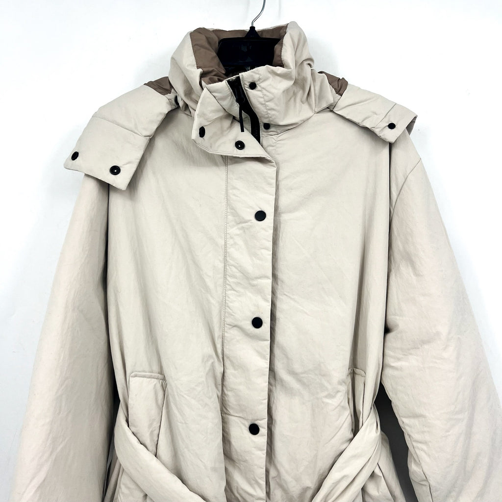 Everlane Womens The Duvet Down Puffer Coat Medium Cream Down Long Belted NWT