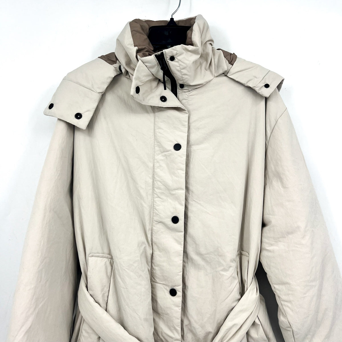 Everlane Womens The Duvet Down Puffer Coat Medium Cream Down Long Belted NWT