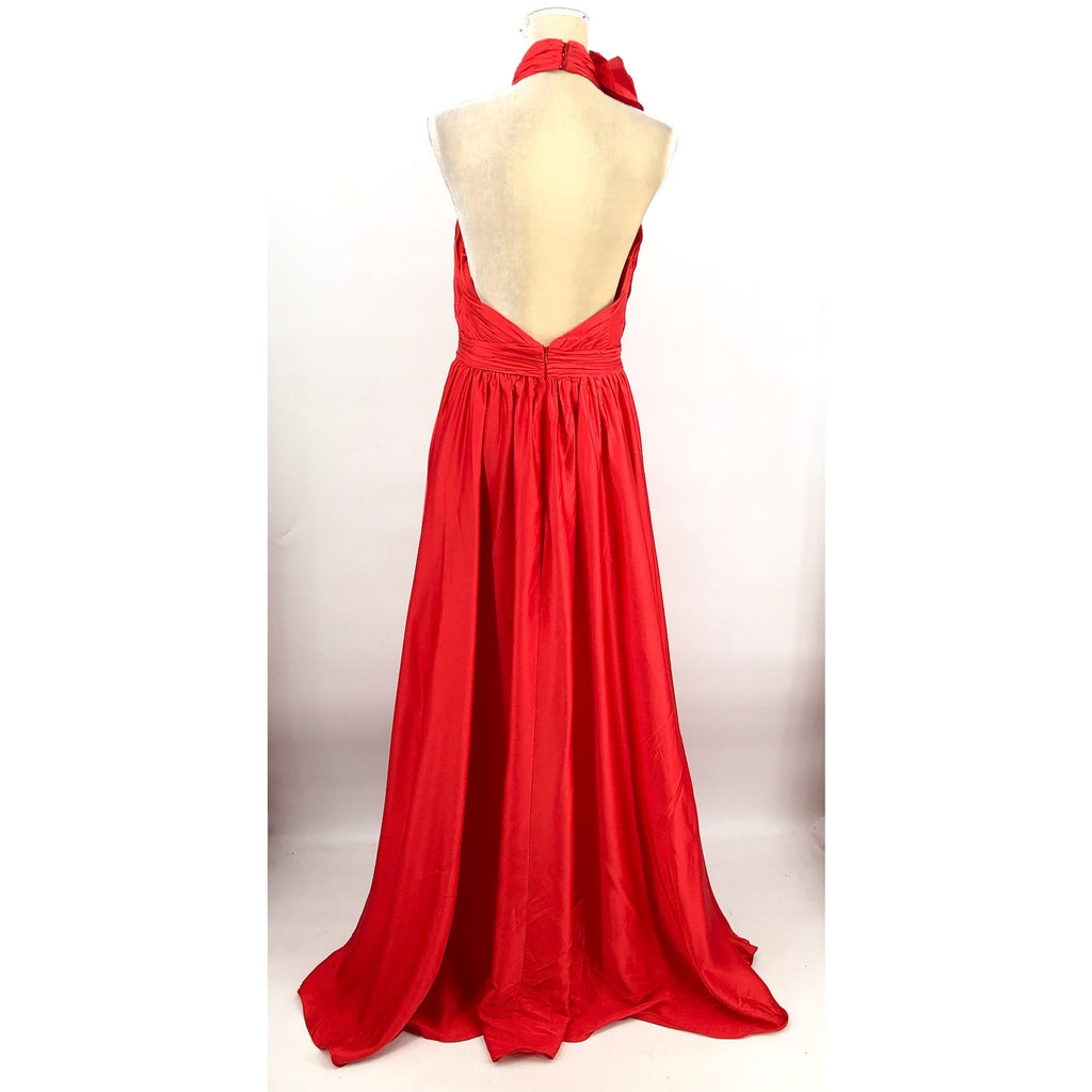 MAC DUGGAL Women's Halter Neck Satin Gown Size 10 Red High Slit Open Back NWT