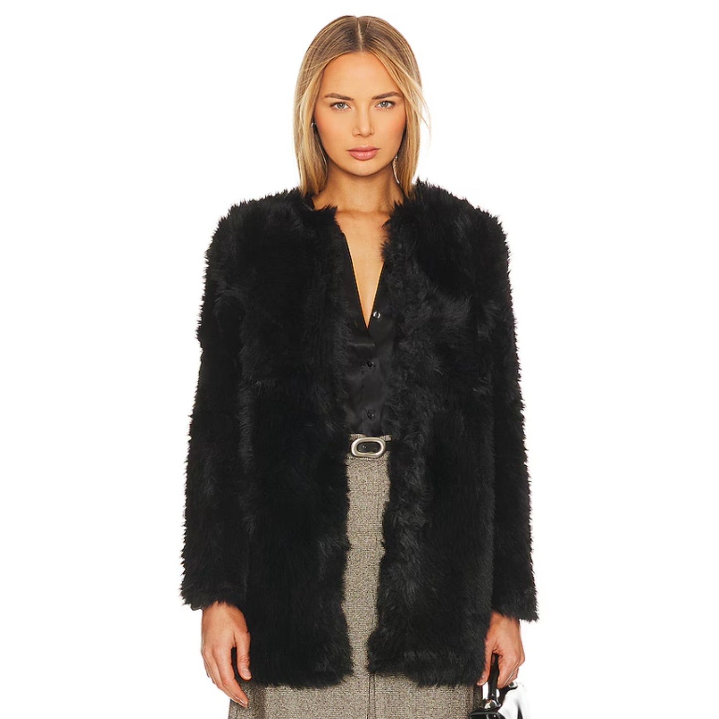 BARDOT Women's Logan Faux Fur Coat Jacket Large Black Long Sleeve NWT