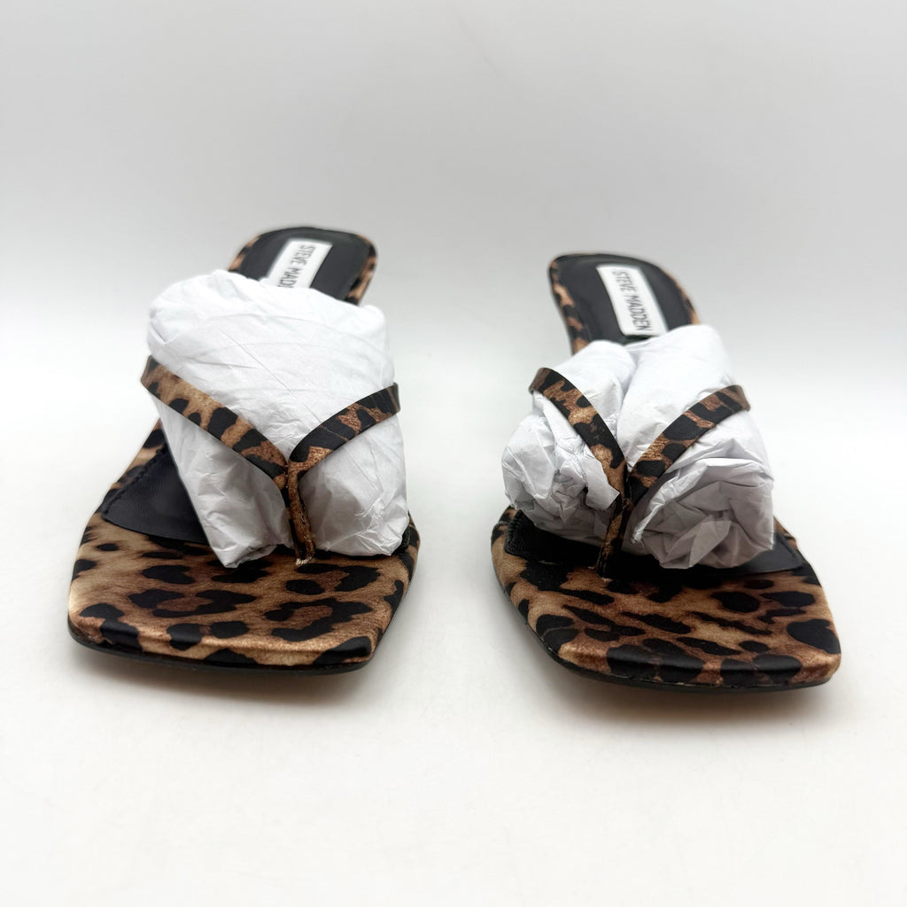Steve Madden Womens Allies Heeled Sandals US 8.5 M Black Leopard Slip On NIB