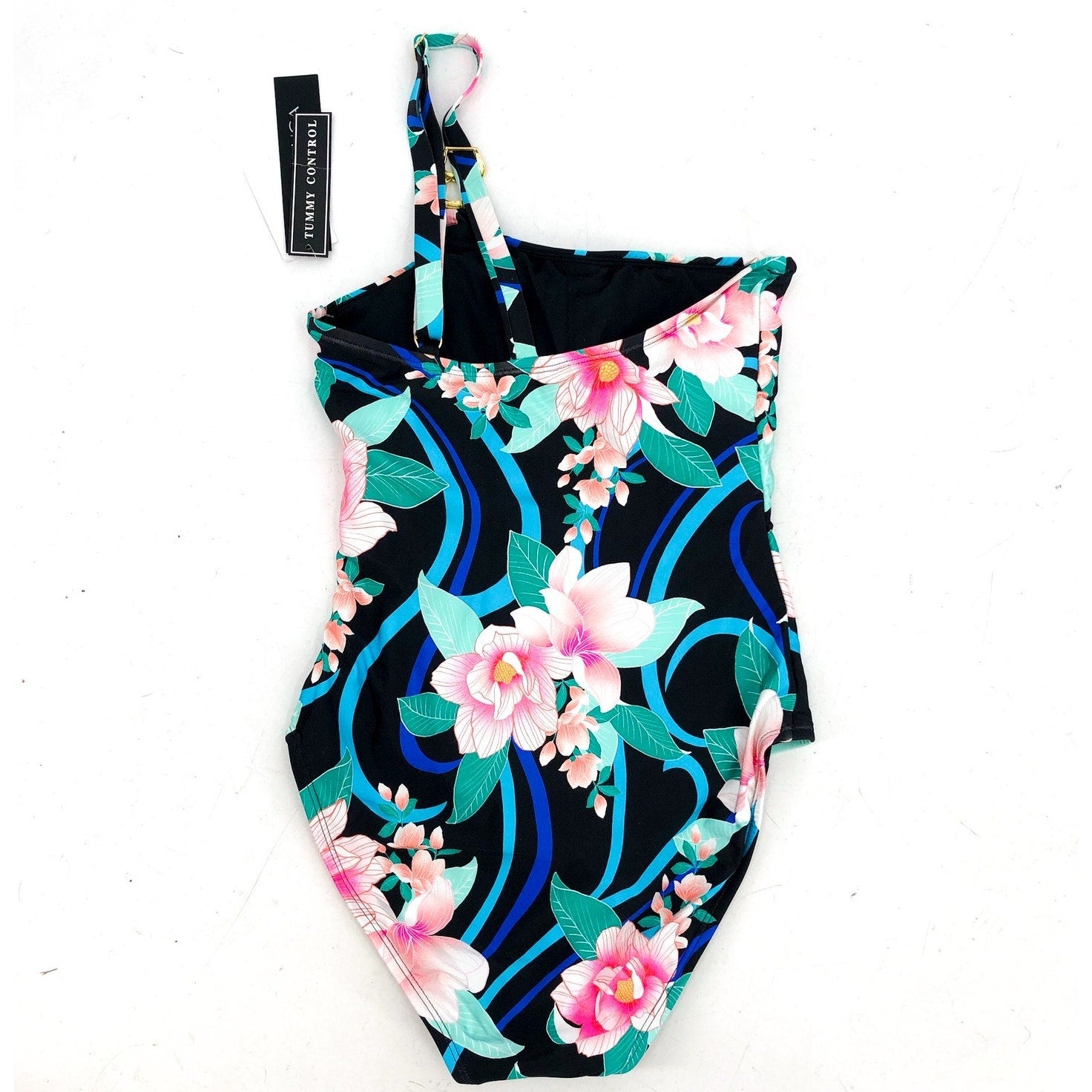 LA BLANCA One Shoulder One-Piece Size 4 Black Nightfall Blooms Tummy Control NWT