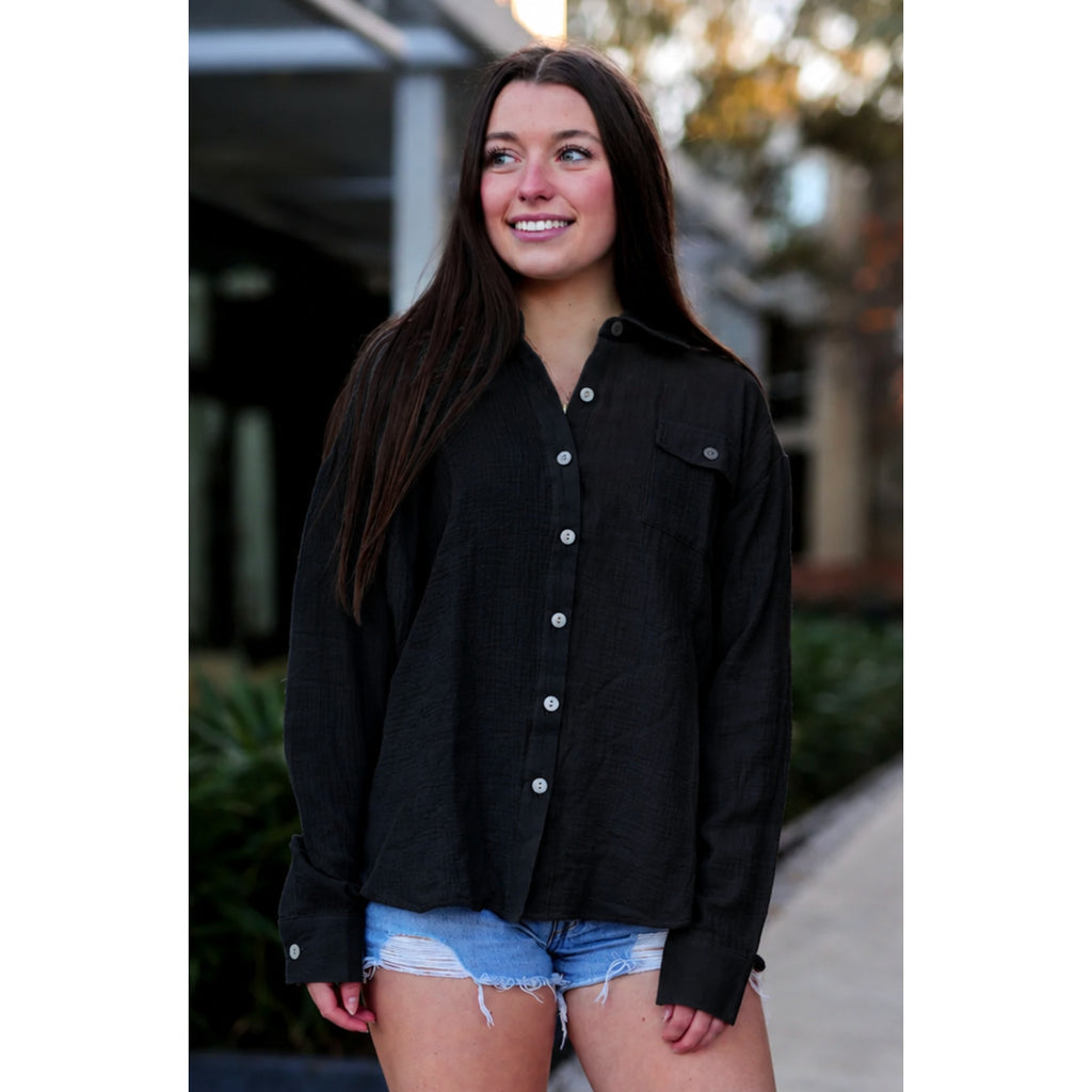 CLUB SOCIAL JADELYNN BROOKE Casual Gauze Shirt Small Black Long Sleeve NWT