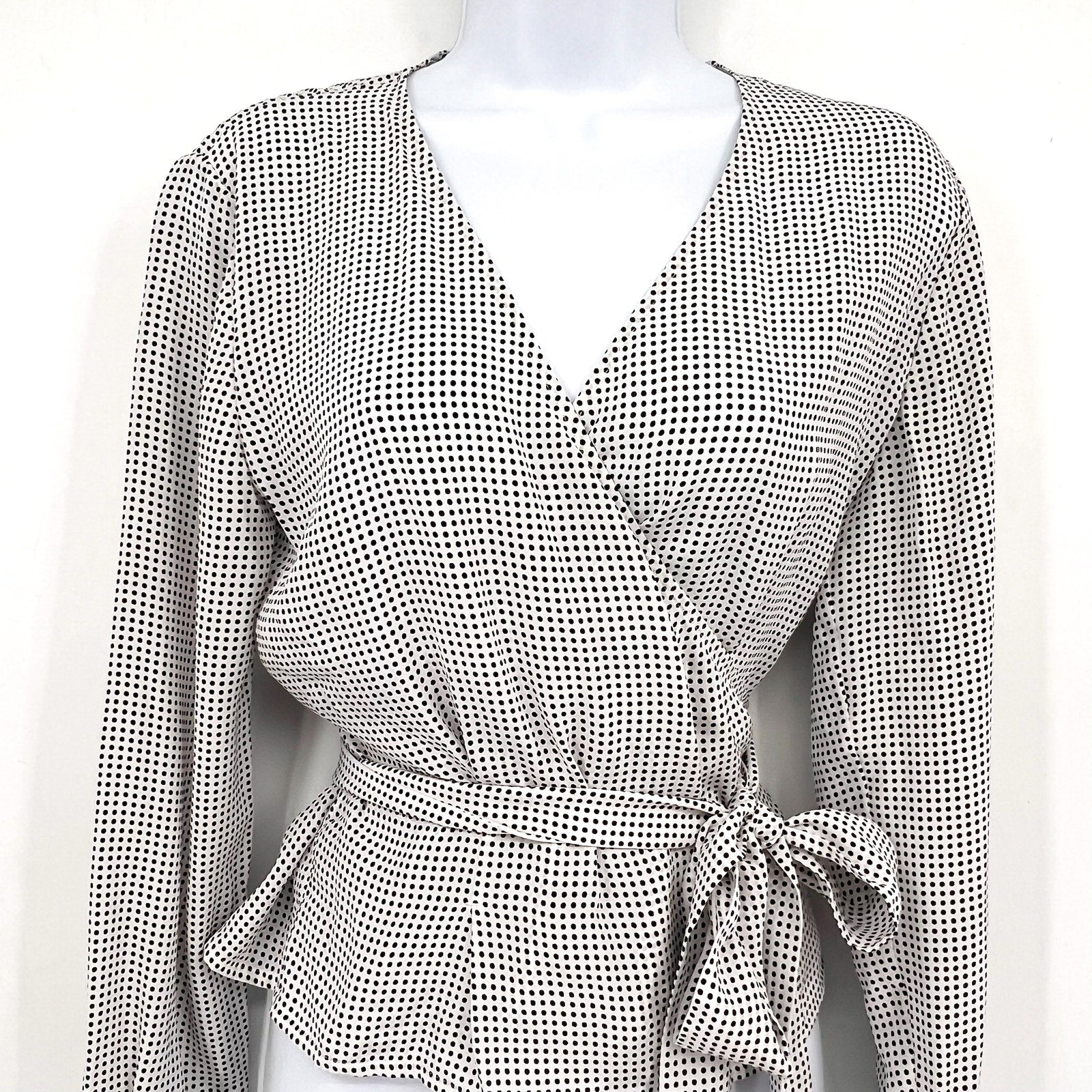 EQUIPMENT Women's Cenna Wrap Blouse Medium White Black Polka Dot Silk NWT