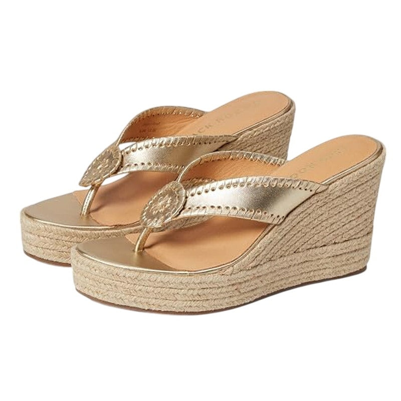 Jack Rogers Womens Rowan Espadrille Sandals Size 8.5 Platinum Gold Leather NWOB