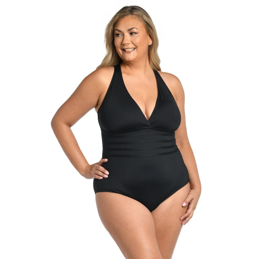 LA BLANCA Island Goddess One Piece Swimsuit 22W Black Multi-Strap Cross-Back