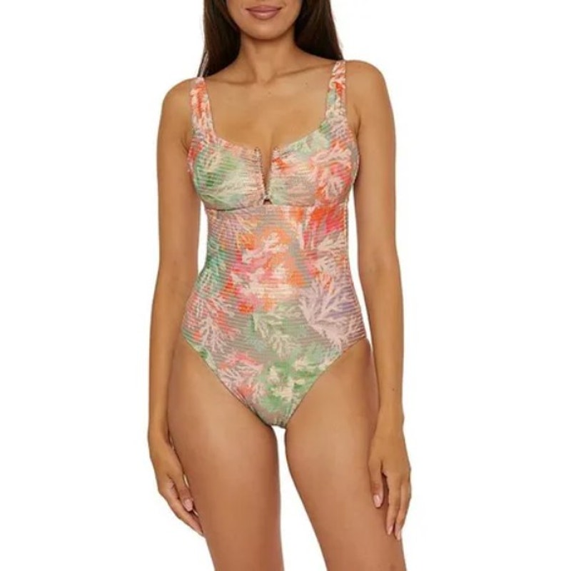 BECCA Coral Reef Viviana One Piece Swimsuit Medium Pink Print V Wire Plunge NWT