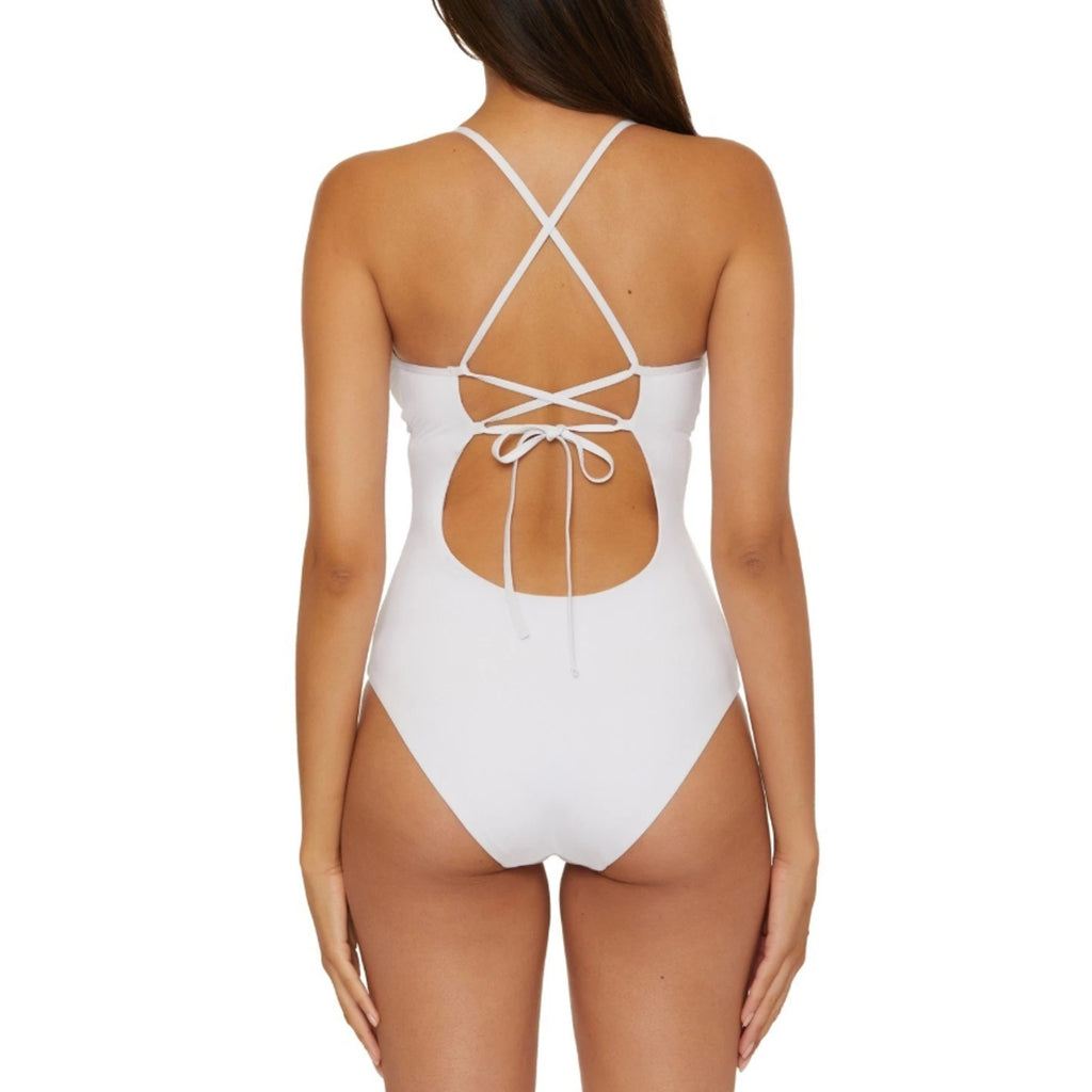 BECCA Colette Clare Plunge One Piece Swimsuit Large White Crochet Flower NWT
