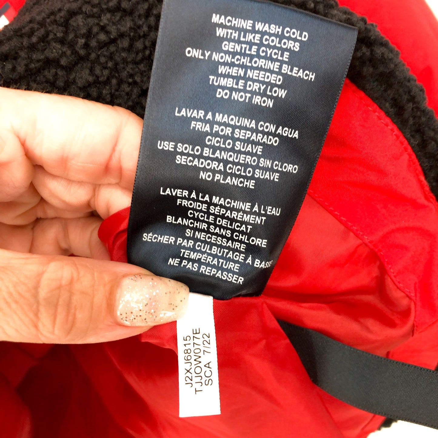 TOMMY HILFIGER Womens Colorblock Puffer Jacket XL Red Black Faux Fur Trim NWT