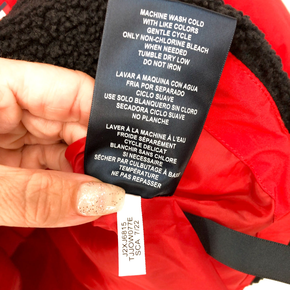 TOMMY HILFIGER Womens Colorblock Puffer Coat XL Red Black Sherpa Trim NWT