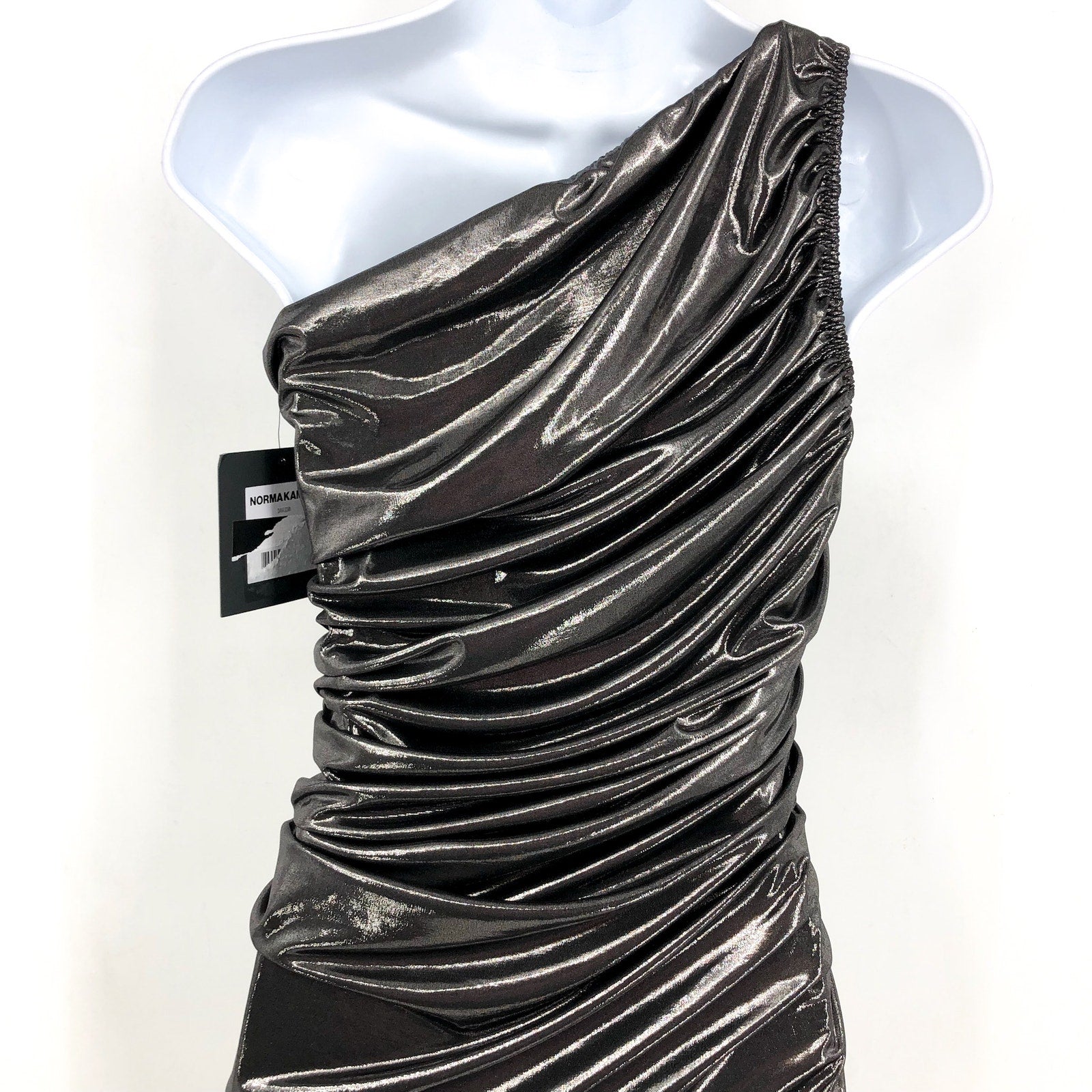 NORMA KAMALI Diana One Shoulder Gown XS Grey Metallic Ruched Midi NWT