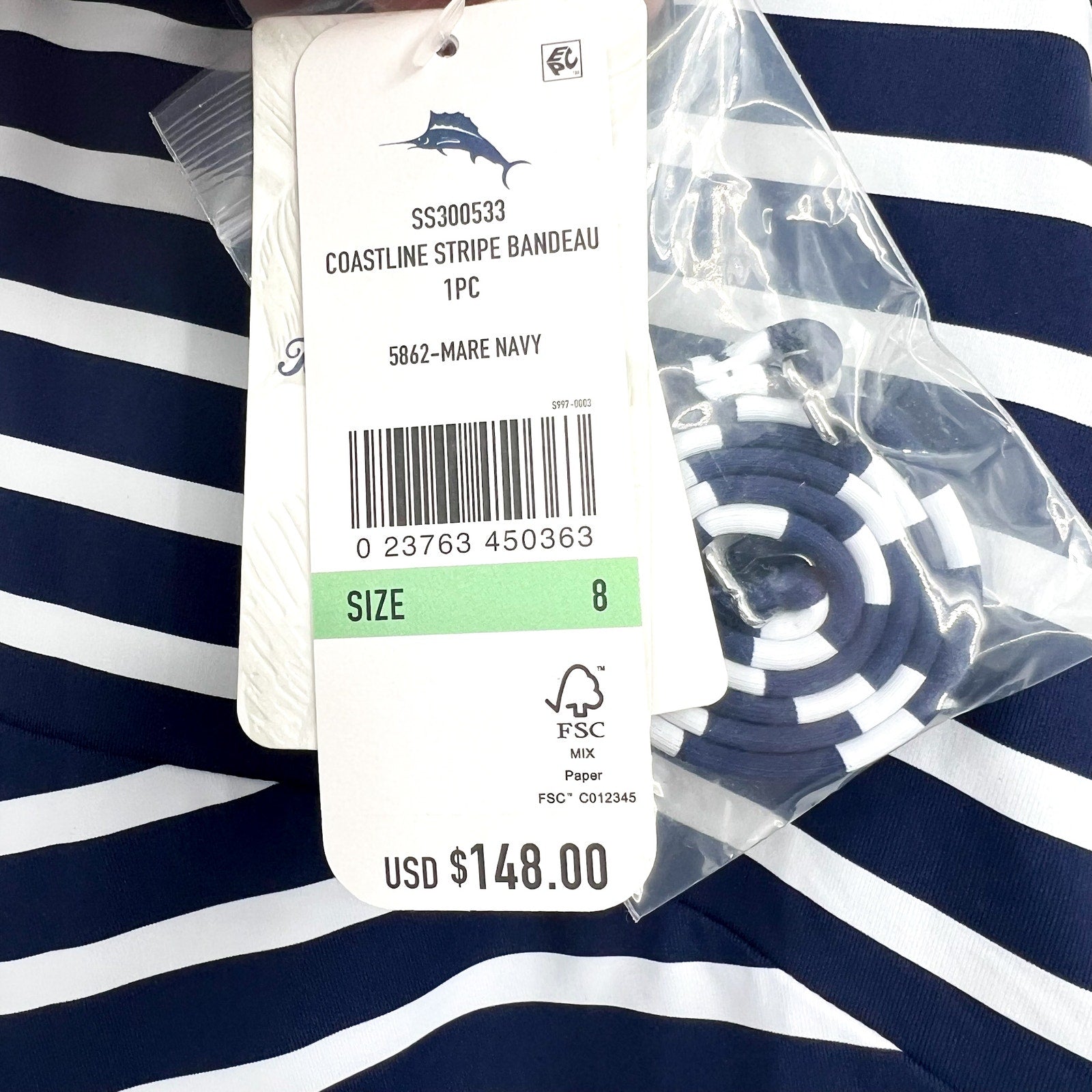 TOMMY BAHAMA Coastline Stripe Bandeau One Piece Swimsuit Size 8 Blue White NWT