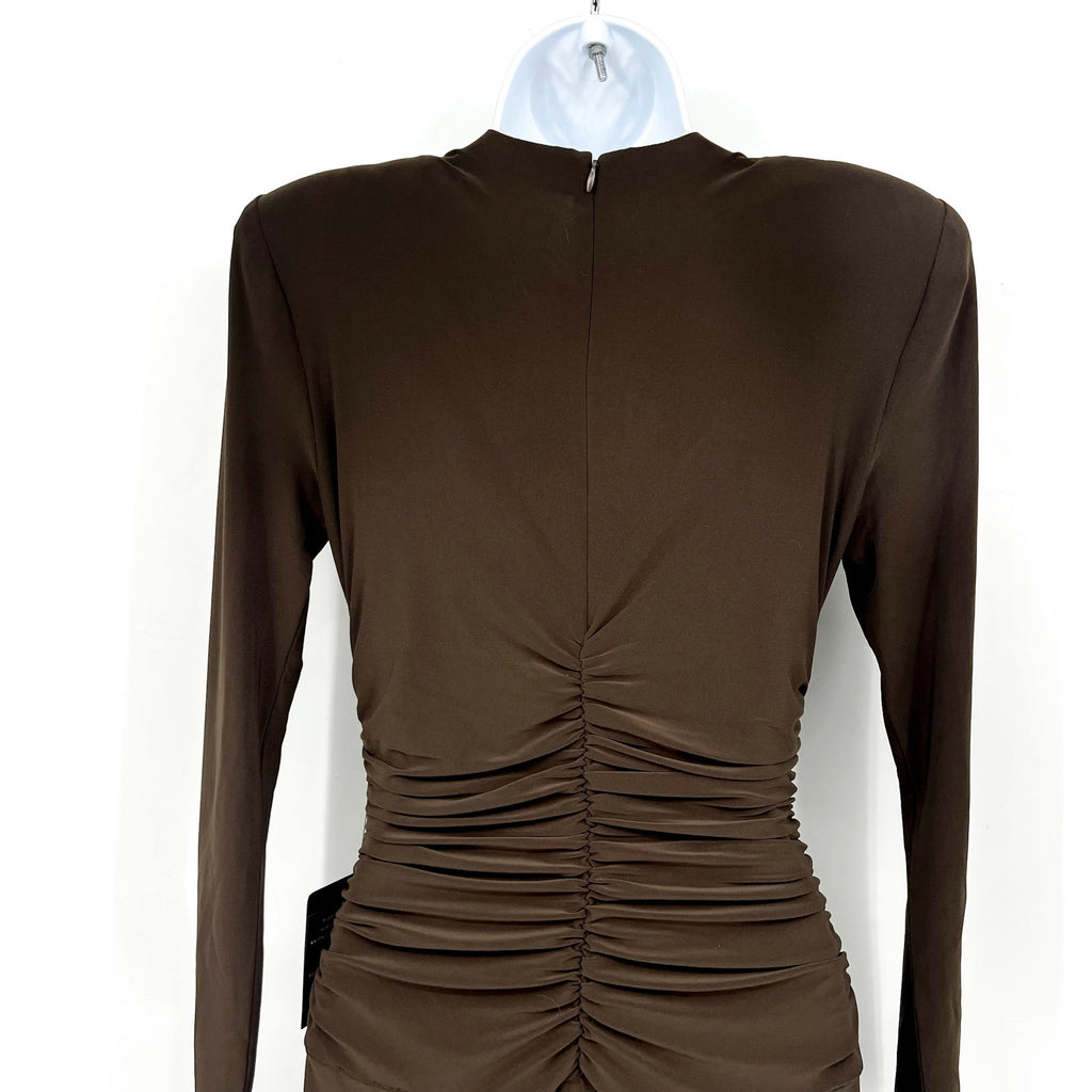 Norma Kamali V-Neck Shirred Waist Jumpsuit XS/34 Chocolate Brown Long Sleeve NWT