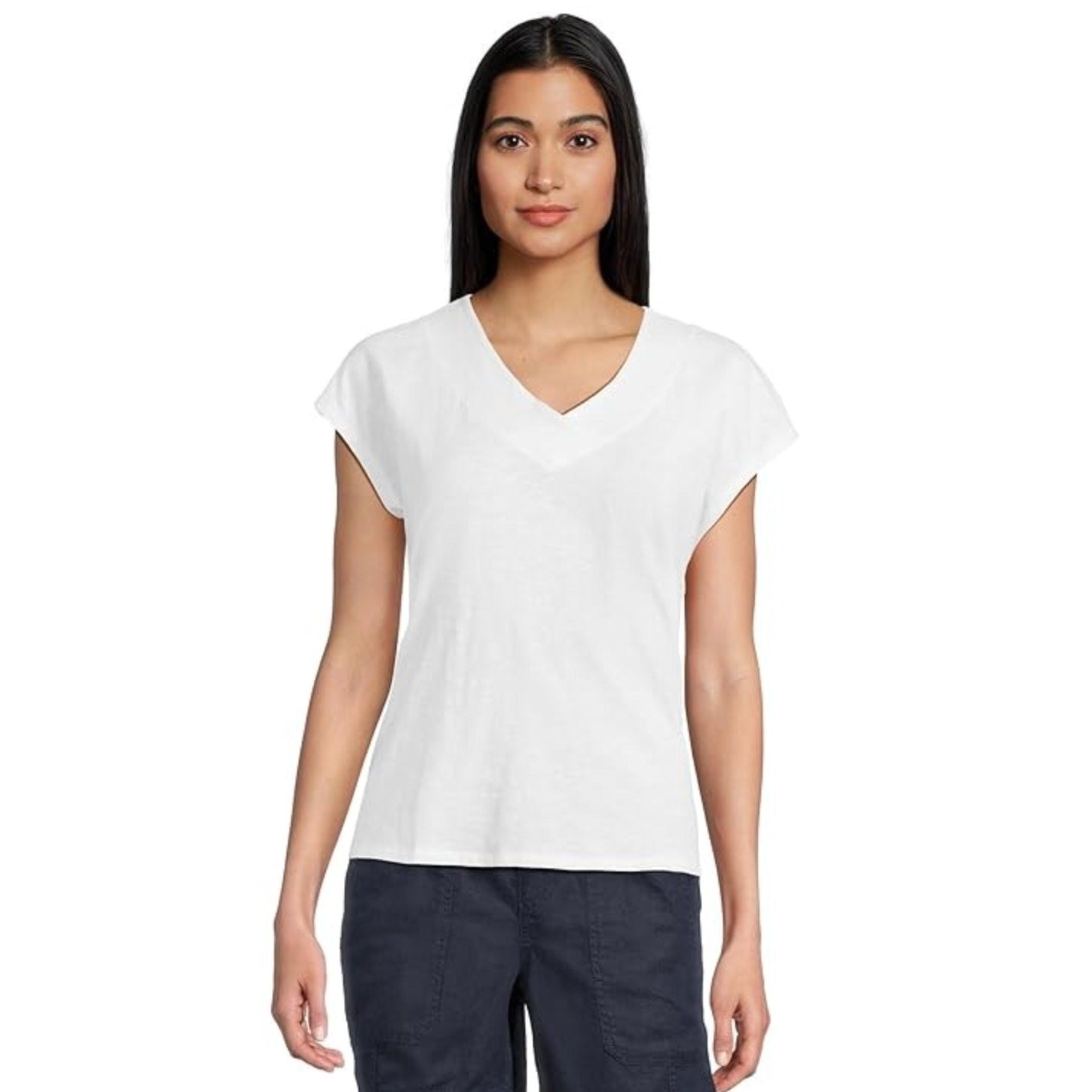 L.L BEAN Women's Organic Cotton V-Neck Cap-Sleeve Tee Large Reg White NWT