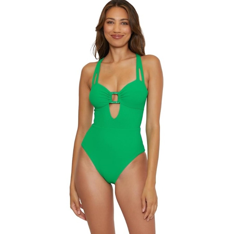 BECCA Women's Modern Edge Rib Bandeau One Piece Swimsuit Medium Green Verde