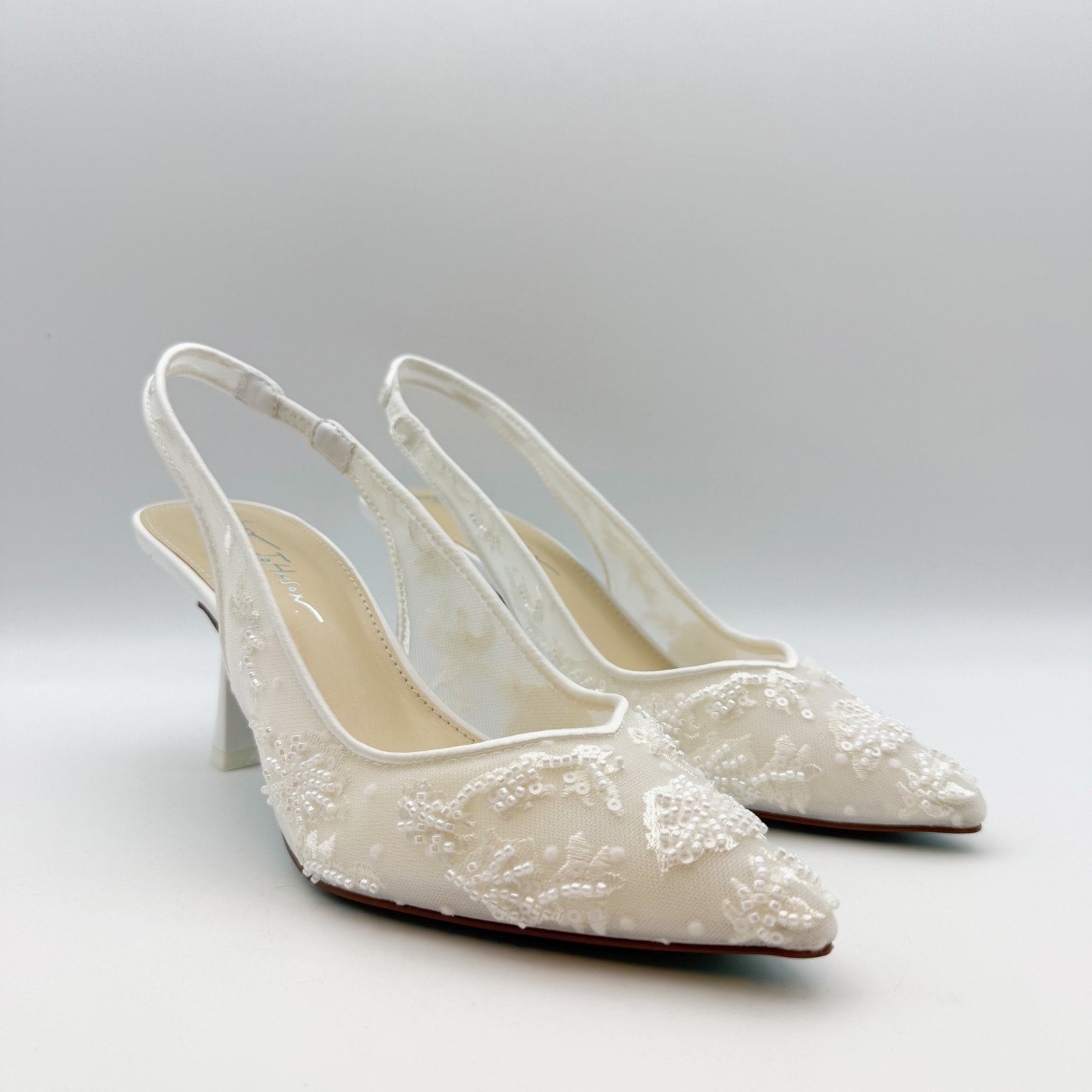 Blue Betsey Johnson Womens Nikki High Heels Size 7.5 White Lace Sling Back NWOB