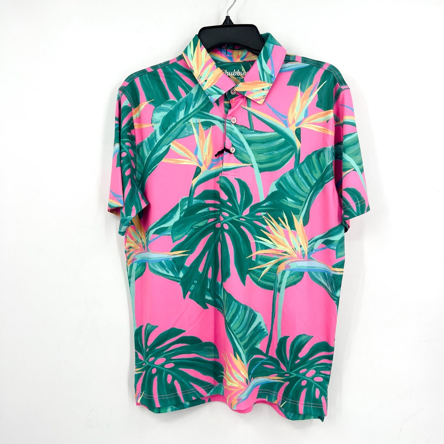 CHUBBIES Mens Performance Polo XL Pink Green Birds of Paradise Short Sleeve NWT