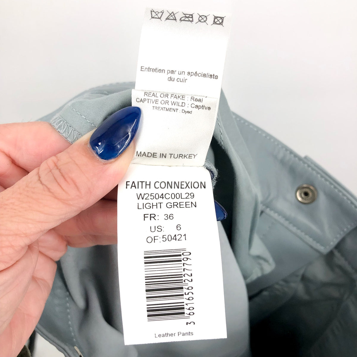 FAITH CONNEXION Women's Pleated Leather Pants FR 36 US 6 Light Green Blue NWOT