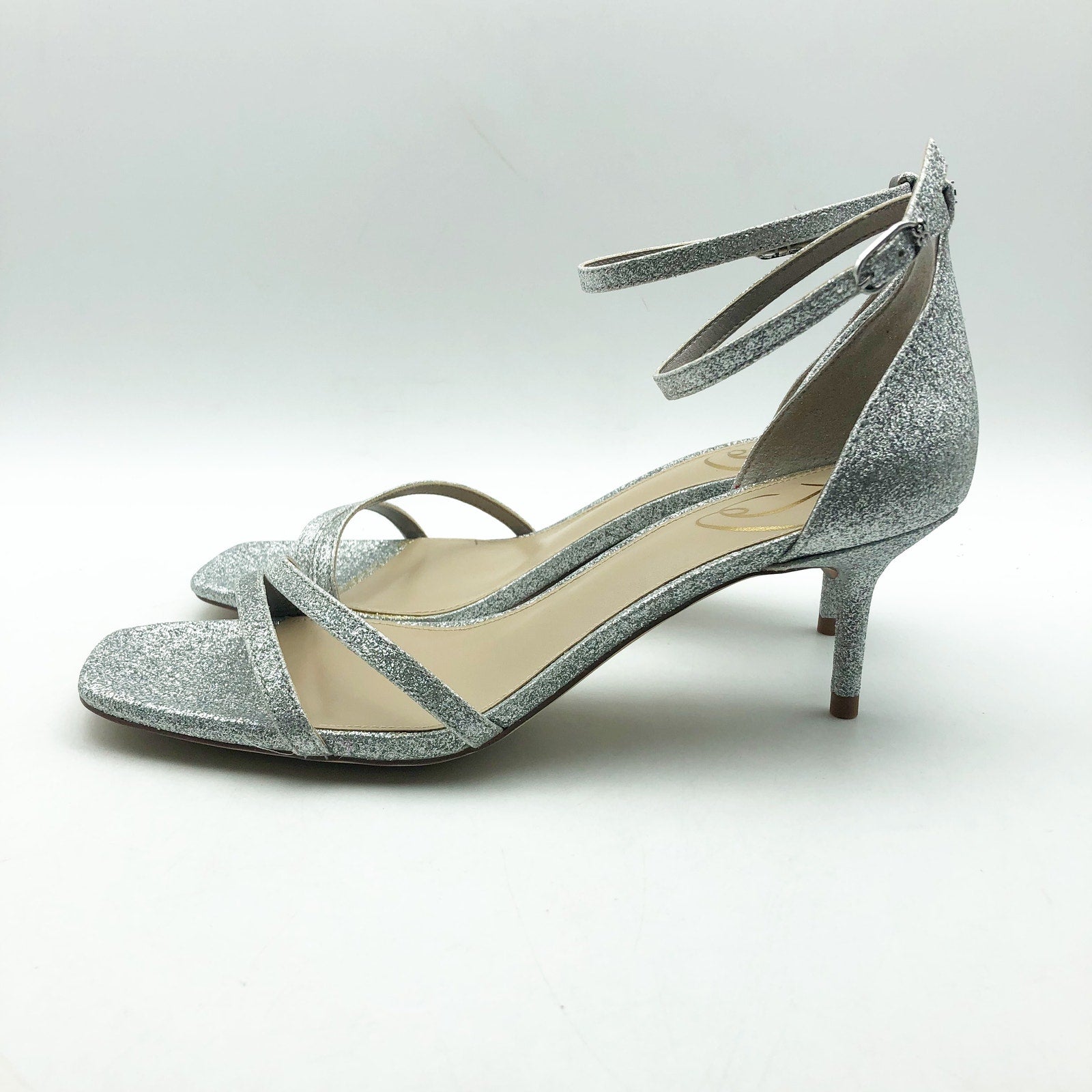 SAM EDELMAN Womens Peonie Kitten Heel Sandal 7.5 M Silver Glitter Strappy NIB