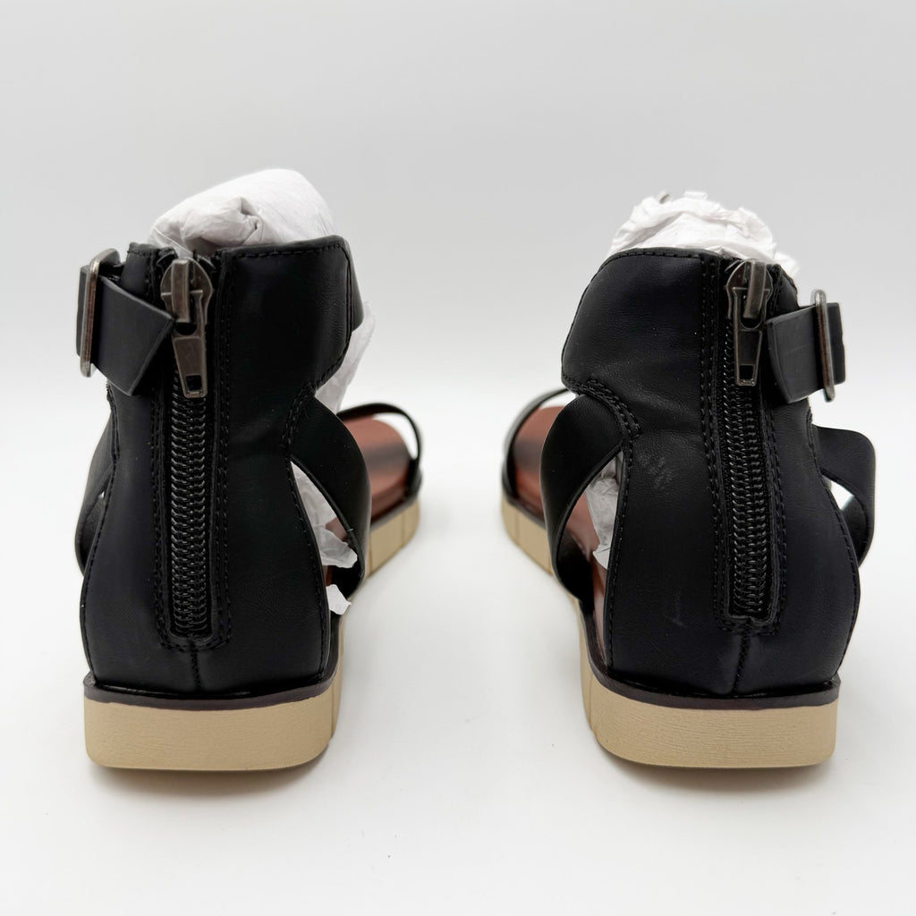 MIA Womens Emilia Sandals Size 6 Black Vegan Leather Flat Platform NWOB