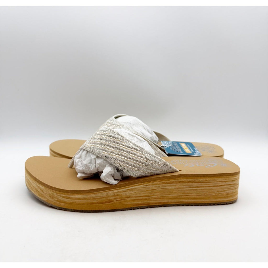 Skechers Women's Summers Mid Wedge Thong Sandals Size 10 EU 40 Off White Tan NIB