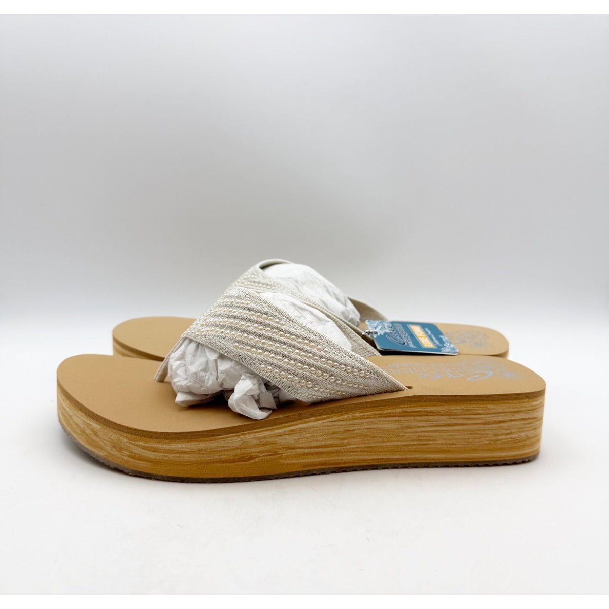 Skechers Women's Summers Mid Wedge Thong Sandals Size 10 EU 40 Off White Tan NIB