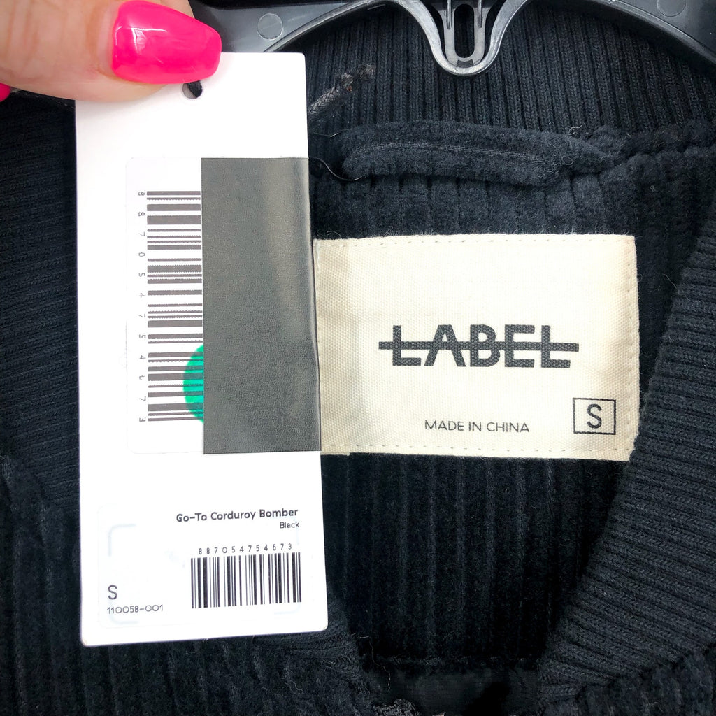LABEL Unisex Go-To Corduroy Bomber Jacket Small Black Full Zip Long Sleeve NWT