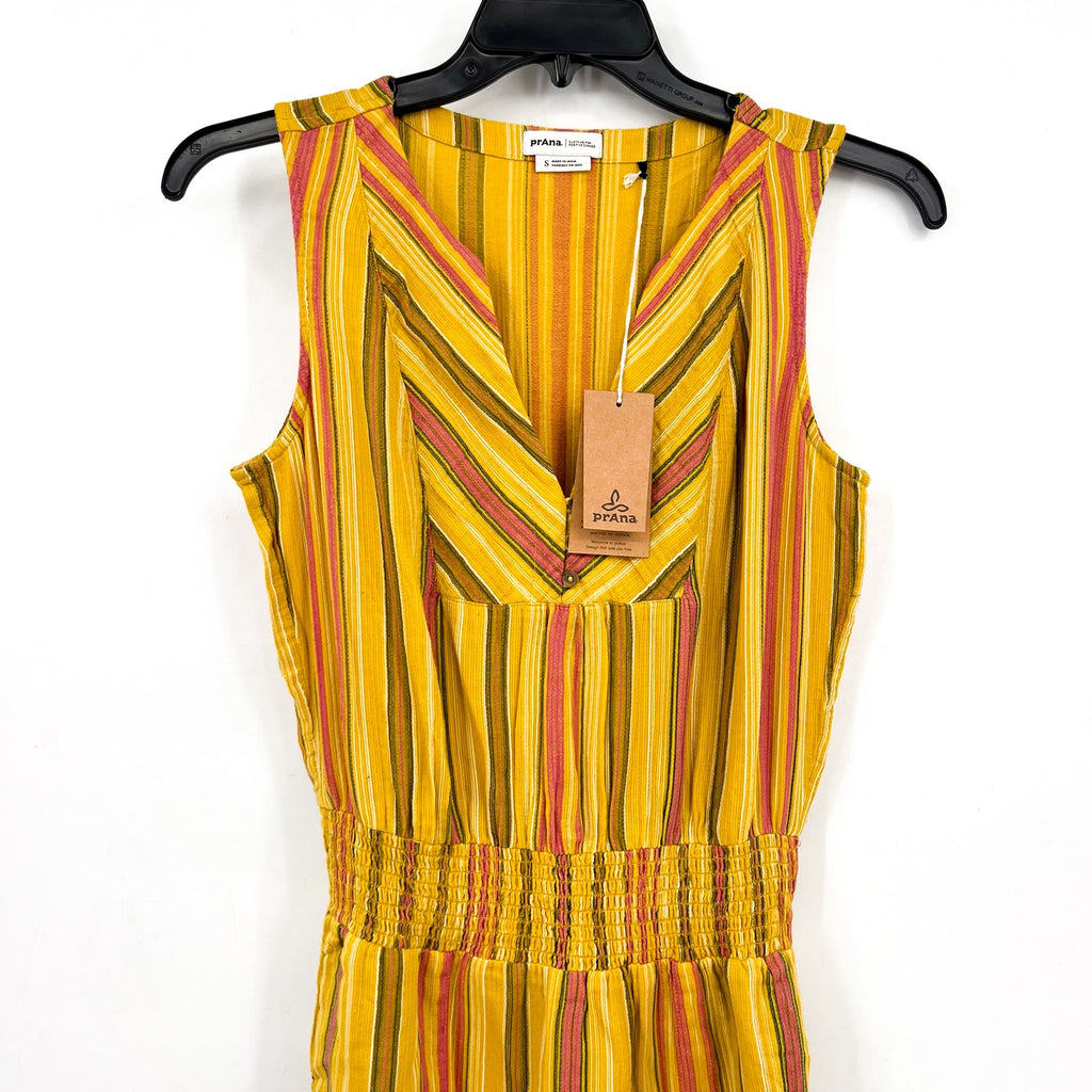 PRANA Womens California Dreaming Midi Dress Small Yellow Stripe Sleeveless NWT