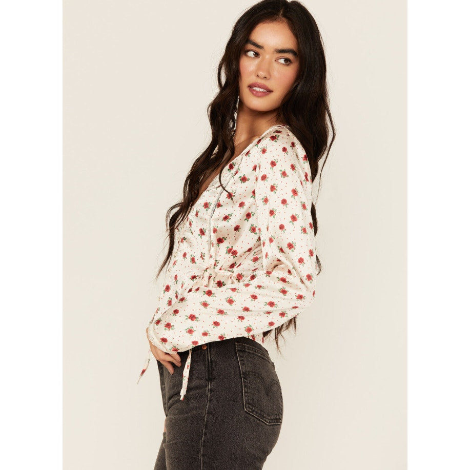 FREE PEOPLE Women's Field of Roses Top Medium Cream Red Long Sleeve NWOT