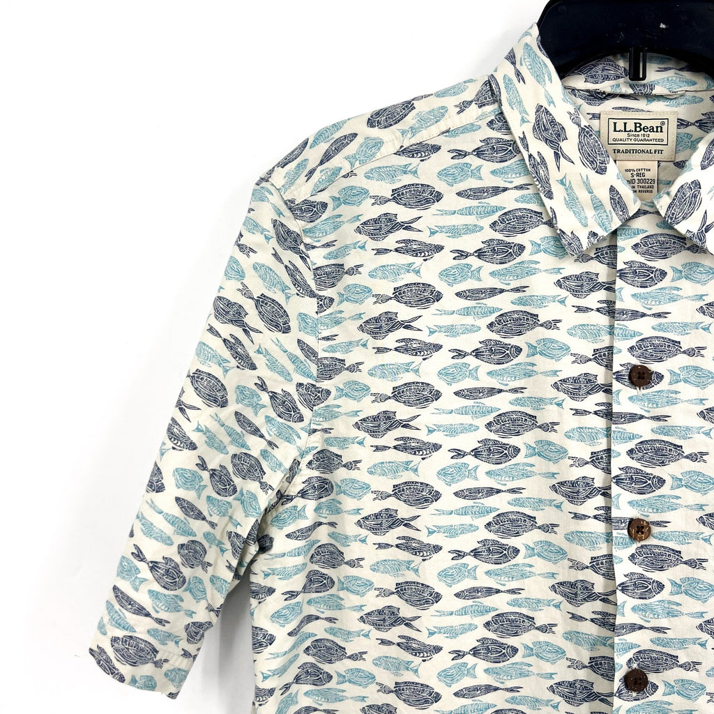 L.L. BEAN Mens Short-Sleeve Tropics Print Shirt Small White Blue Cotton NWT
