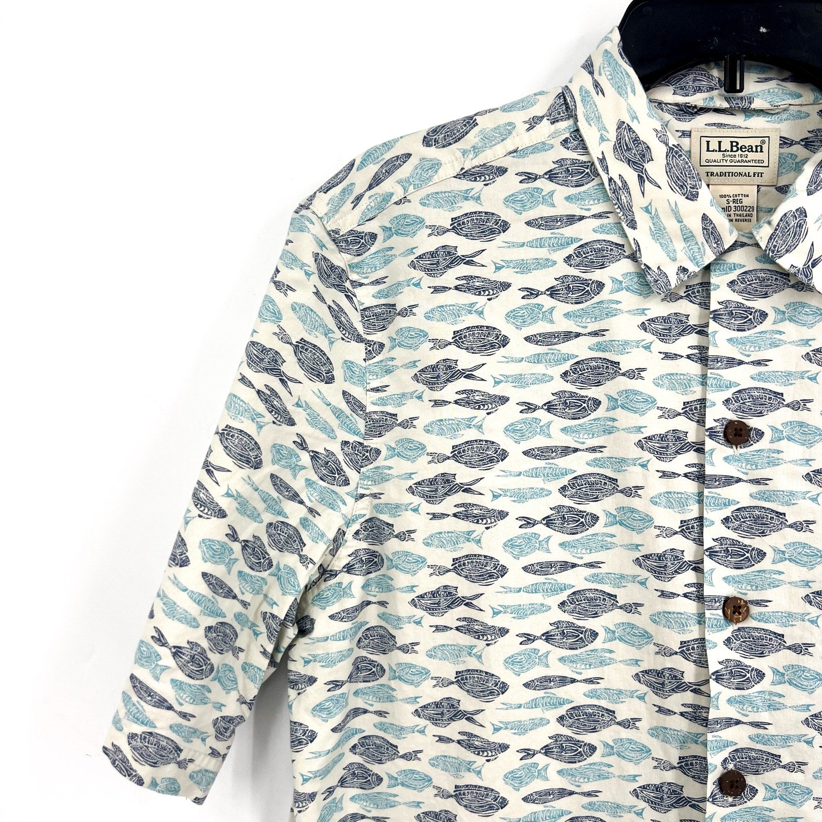 L.L. BEAN Mens Short-Sleeve Tropics Print Shirt Small White Blue Cotton NWT