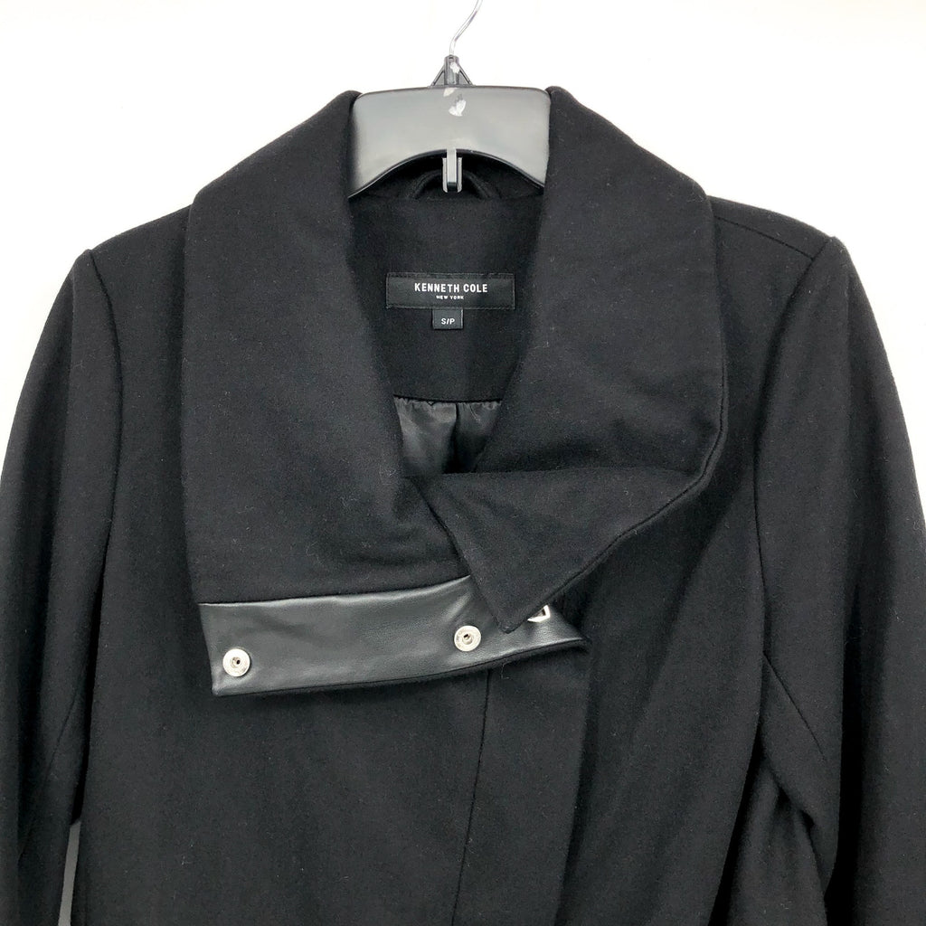KENNETH COLE Womens Melton Wool Blend Coat Small Black Faux Leather Trim NWOT