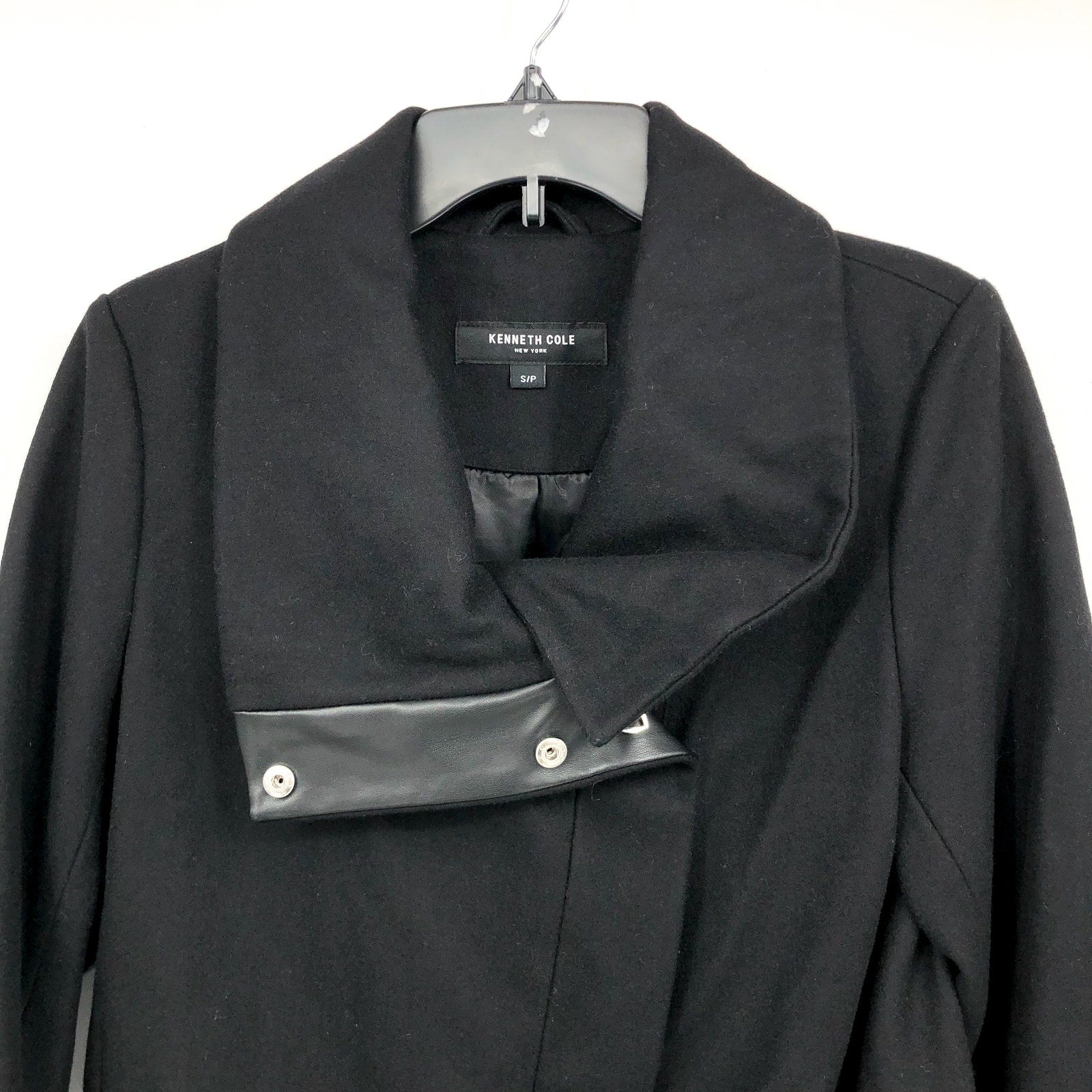 KENNETH COLE Womens Melton Wool Blend Coat Small Black Faux Leather Trim NWOT