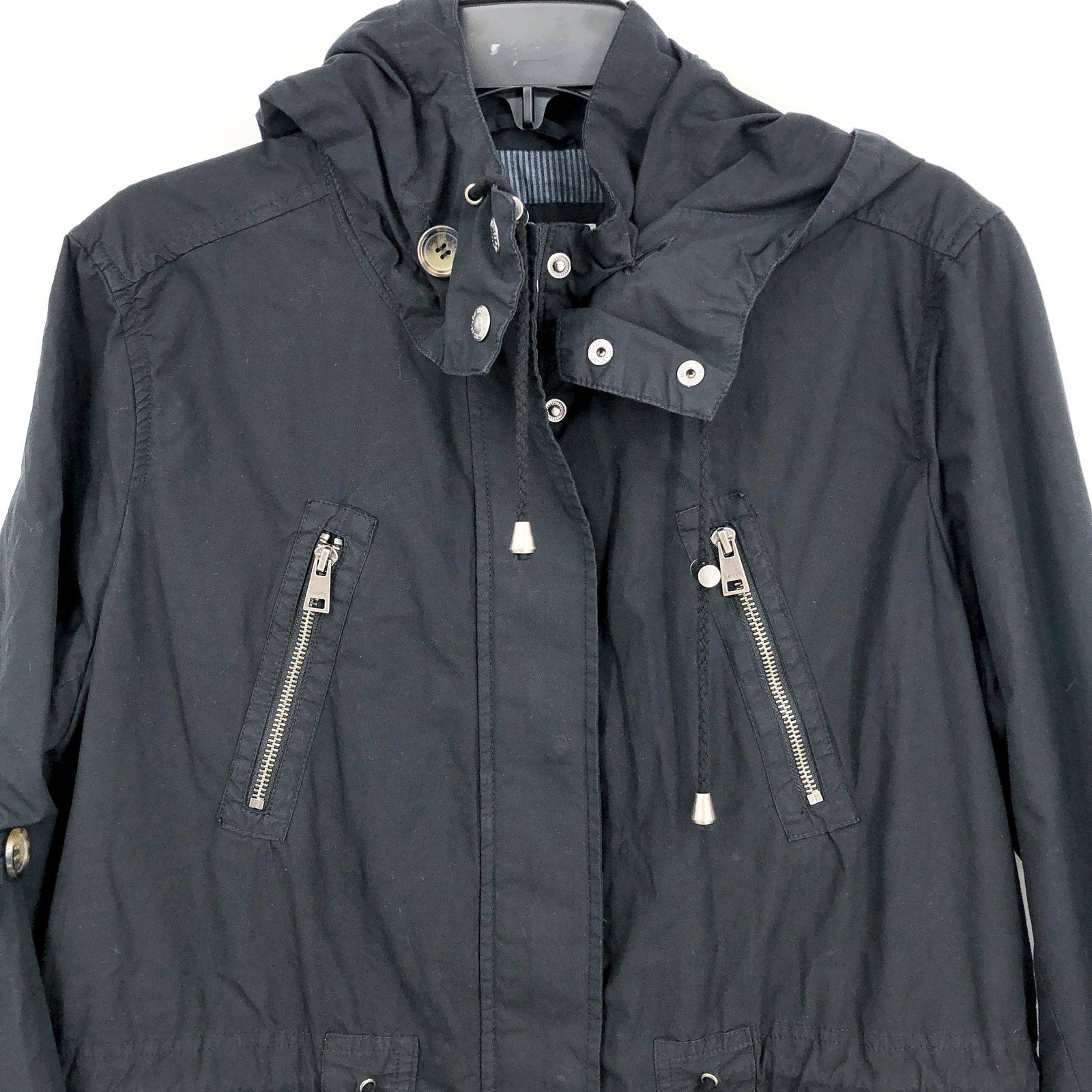 LEVI'S Womens Parachute Hooded Utility Jacket Large Black Drawstring Cotton NWOT